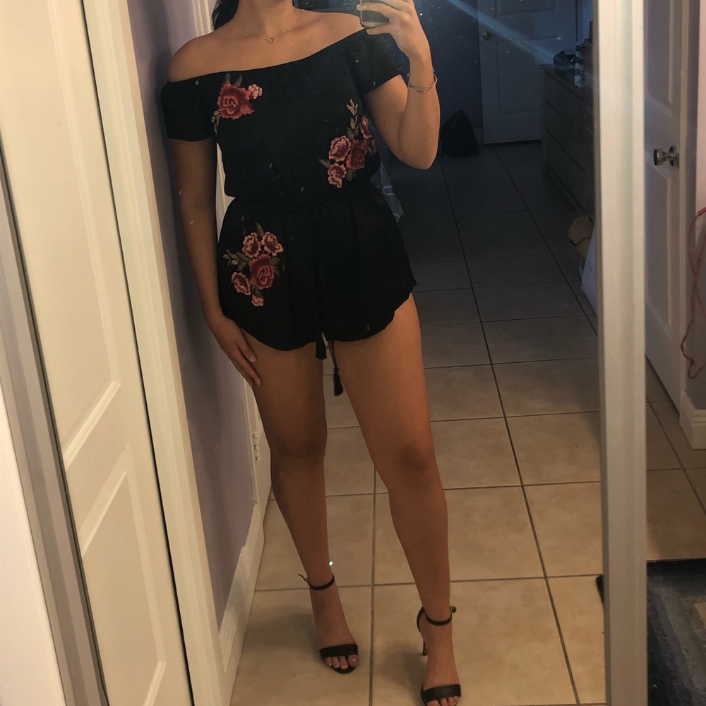 Black silky/satin romper with flowers